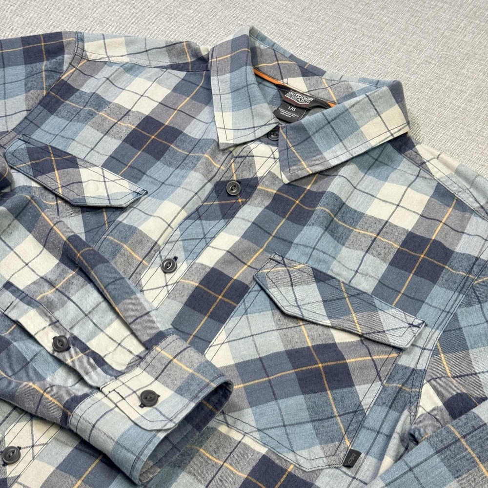 Outdoor Research Flannel Button-Up Shirt Mens L Blue Plaid Long Sleeve Vietnam